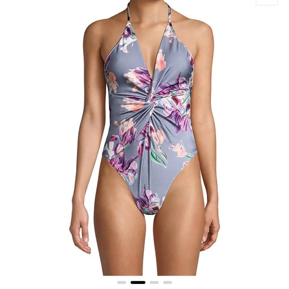 PatBO Grace Deep-V Halter One-Piece swim suit. Grey floral. Size large. - Picture 4 of 8